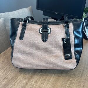 NWT Montano NY Lara Straw Should Bag Tote With Black Faux‎ Leather Neutral Tone